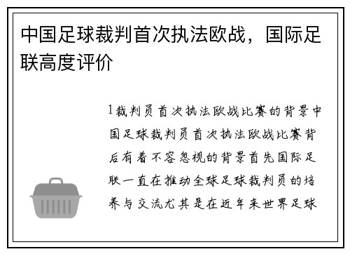 中国足球裁判首次执法欧战，国际足联高度评价